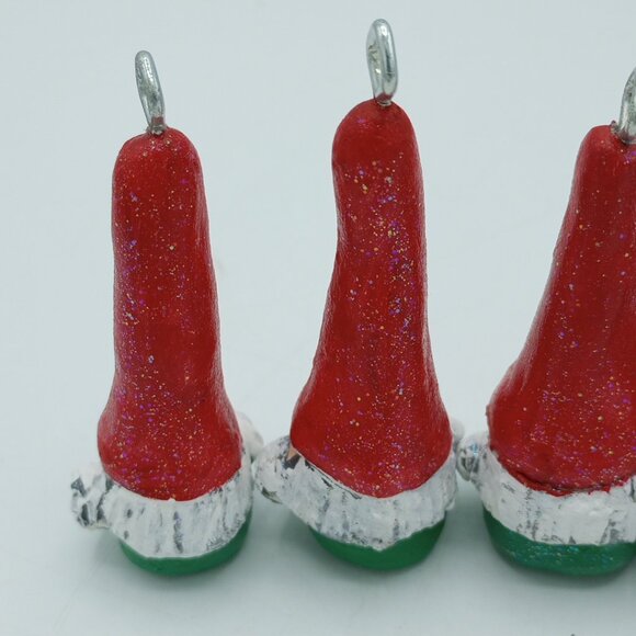 Red Chris Green Gnome Ornaments Christmas Pendant Handmade OOAK Folkart Set of 4 - Picture 6 of 8